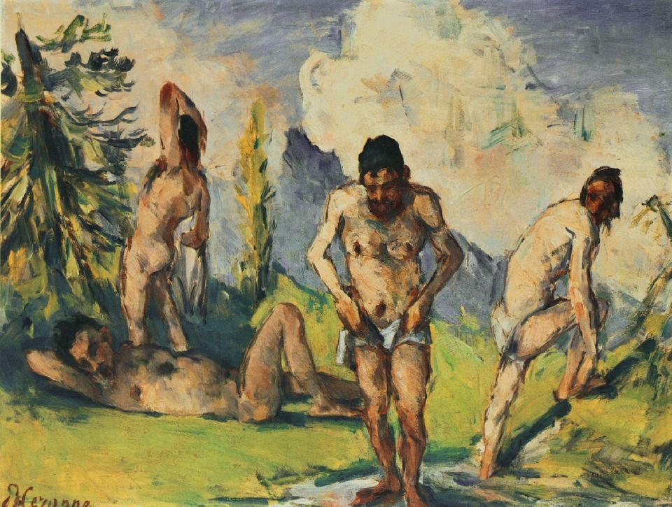 Paul Cézanne, 3IE-1877-26, Les baigneurs, étude, projet de tableau. Option 2: 1875-78ca, CR273, Bathers at rest (four men), 35x46, MAH Geneva (iR10;R90II,p71;R2,p200;R48,no288;R174,p102)