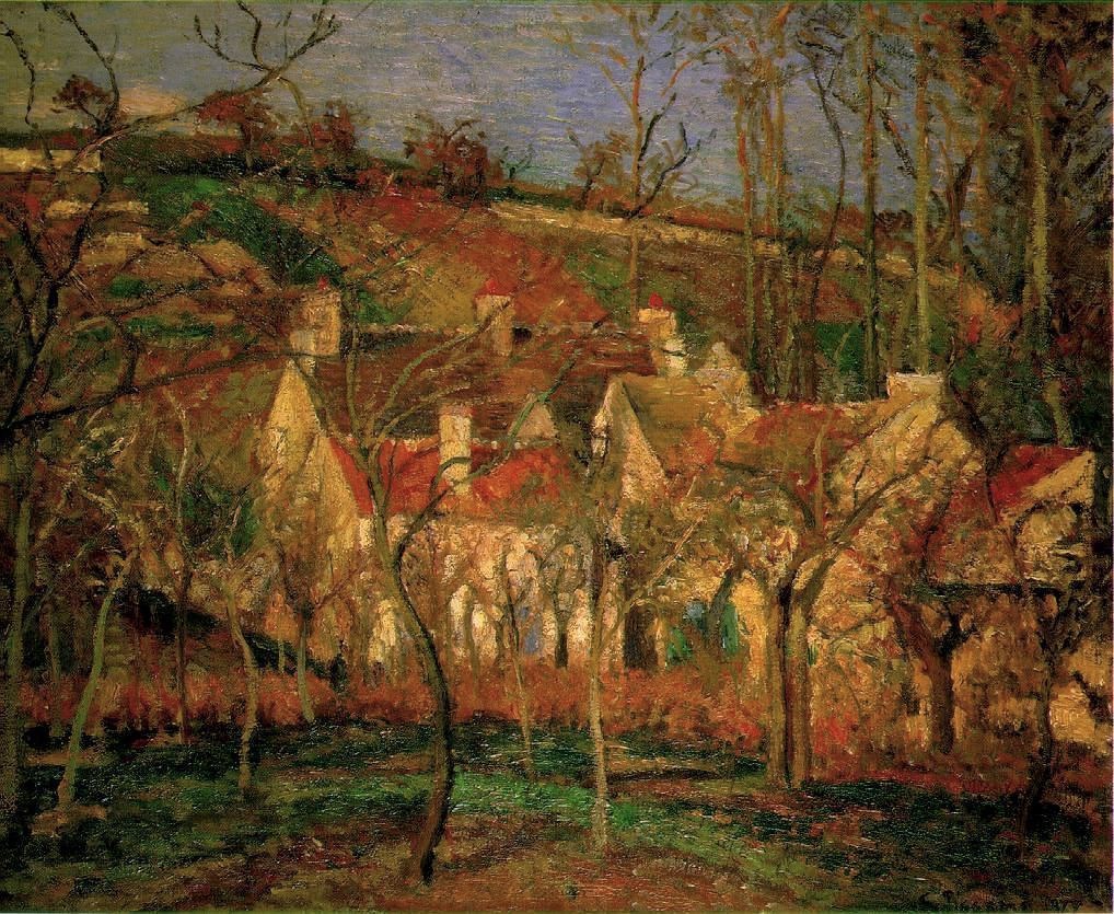 Camille Pissarro, 4IE-1879-181, L'Hermitage, vue de ma fenêtre. Now: 1877, CCP489, The red roofs, Côte Saint-Denis, Pontoise, winter effect, 55x66, Orsay (iR2;R116,CCP489;R2,p270;M1) Caillebotte bequest.