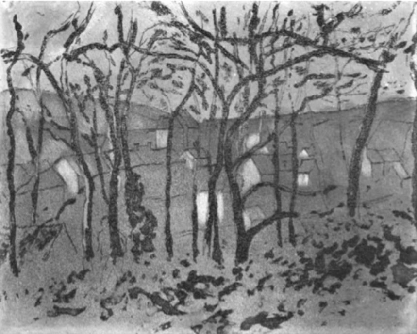 Camille Pissarro, 5IE-1880-139-1, Paysage. Probably: 1879, D16+B18?, Wooded Landscape at l'Hermitage, Pontoise, etch 1st, 22x27, MFA Boston (R84,p242;R138XVII,no16;R85XI,p13;M22)