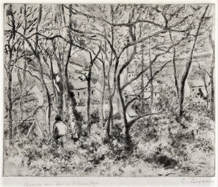 Camille Pissarro, 5IE-1880-139-2, Un cadré, Quatre états du paysage (le jour et la nuit). Perhaps: 1879, D16+B18?, Wooded landscape at L'Hermitage, Pontoise, etch, 22x27, MFA Boston (iR59;R46,p125;R138XVII,no16;R85XI,p13;R90II,p169;M22)