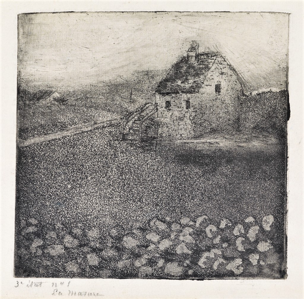 Camille Pissarro, 5IE-1880-142-1, Un cadre: Trois états, paysage, masure. Probably: 1879, D20+B12, La Masure, etch, 3rd state, 16x17, A2016/11/03 (iR11;R2,p313;R90II,p153+171;R138XVII,no20;R85XI,no12)
