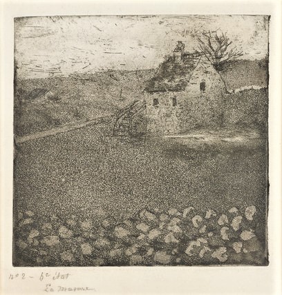 Camille Pissarro, 5IE-1880-142-2, Un cadre: Trois états, paysage, masure. Probably: 1879, D20+B12, La Masure (The Old Cottage), etch 6th state, 16x17, Ashmolean Oxford (aR2;R2,p313;R90II,p153+171;R138XVII,no20;R85XI,no12;M66)