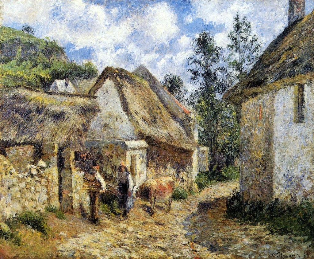 Camille Pissarro, 6IE-1881-68, Chaumières au Val Hermé. Probably: 1880, CCP632, Rue des Roches at Le Valhermeil, (Thatched Cottages and a Cow), 60x73, private (iR2;R116,CCP632;R2,p355)