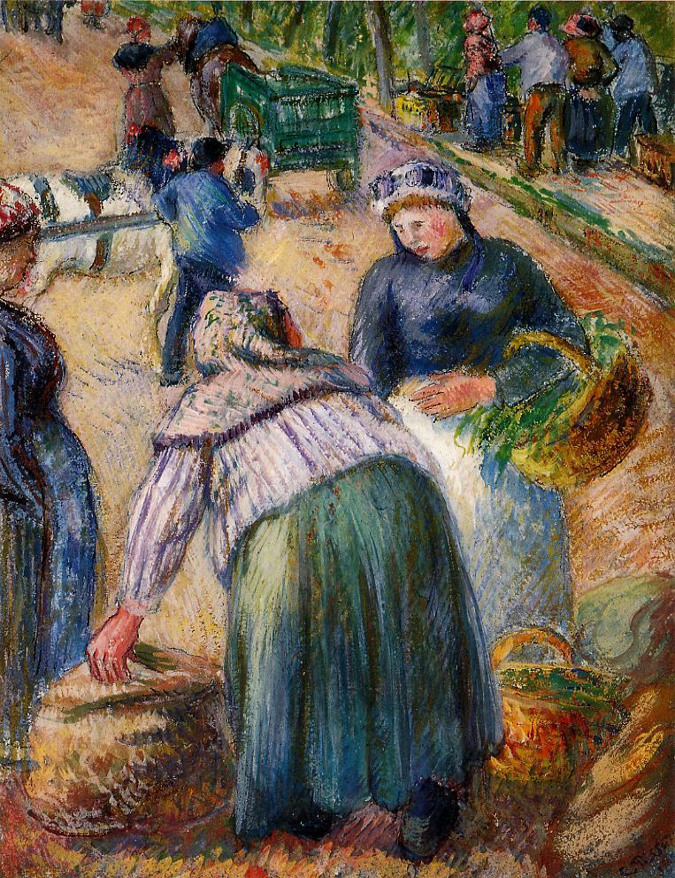 Camille Pissarro, 7IE-1882-128, Le marché des fossés, gouache. Maybe?: 1882, Potato Market, Boulevard des Fosses, Pontoise, gouache, xx, private (iR2;R2,p395;R90II,p209)