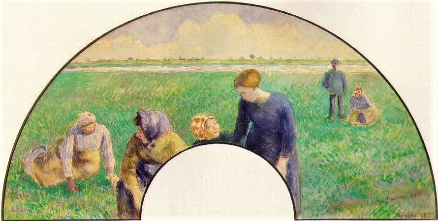 Camille Pissarro, 8IE-1886-106, éventail, paysannes (gouache). Now: 1885, Peasants Gathering Grasses, fan, gouache, 31x62, private (iR10;R2,p446+463;R126,CR1630;R90II,p247+268)