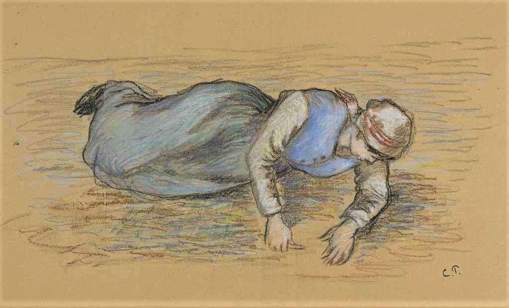 Camille Pissarro, 8IE-1886-107-5, étude de paysannes (pastel) (country girl resting). Maybe?: 1882ca, étude pour Les Sarcleuses, Pontoise, pastel + drawing, 47x62, A2011/11/02 (iR11;iR15;R2,p445;R90I,p444)
