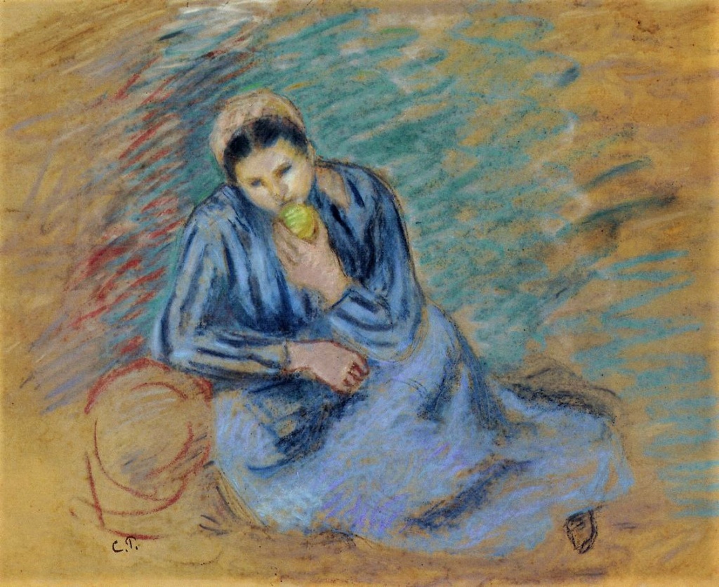 Camille Pissarro: 1886ca, Seated Peasant Woman Crunching an Apple, pastel, xx, private (iR2;iR13;R2,p445;R90I,p444). =? 8IE-1886-107-6, étude de paysannes (pastel) (Campagnarde mangeant)