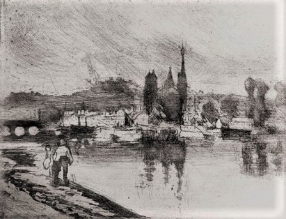 Camille Pissarro, 8IE-1886-113-1, Paysage à Rouen (eau-forte). =1884, D50+B27, View of Rouen (Cours-la-reine), etch, 15x20, MFA Boston (iR59;iR10;iR163;R138XVII,no50;R85XI,no27;R90II,p269;M22)