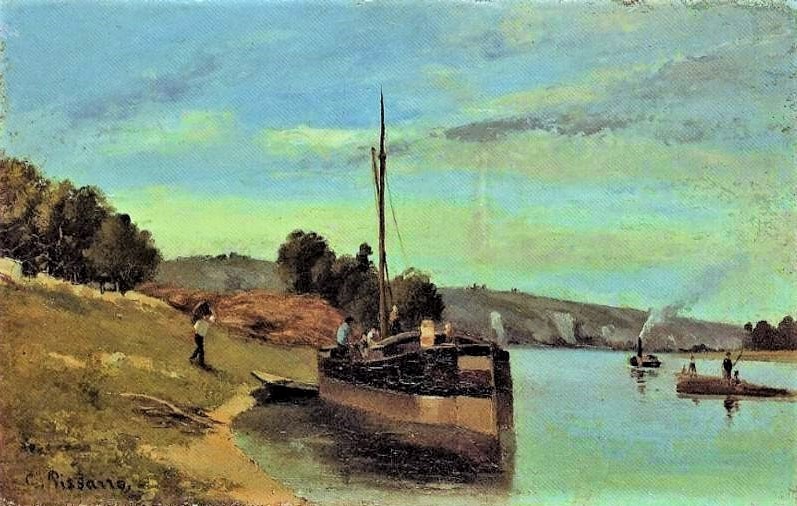 Camille Pissarro, S1865-1724, Le bord de l'eau. Uncertain: 1863-5ca, CCP80, River bank and Barge, 10x19 (or 46x72), A2000/06/27 (or MCP Pontoise)