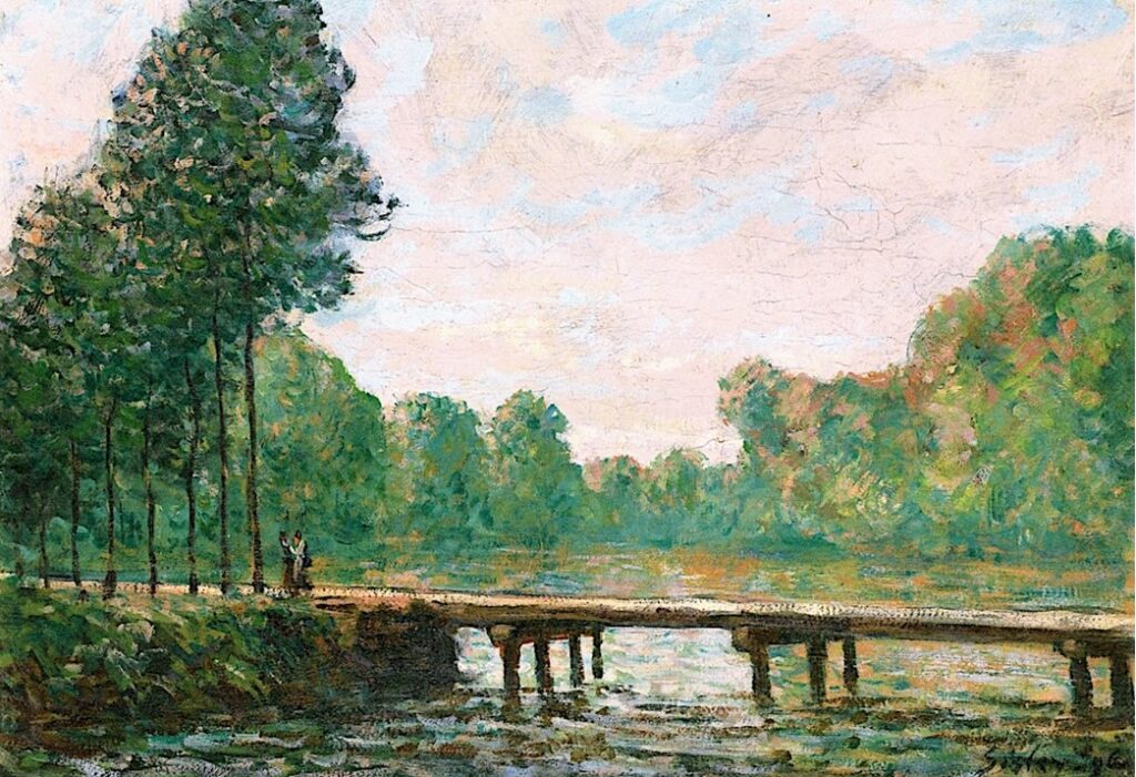 Alfred Sisley, 7IE-1882-188, Le chemin de l'étang. Maybe(??): 1880, CR375, Small Bridge over the Orvanne, March morning, 38x54, private