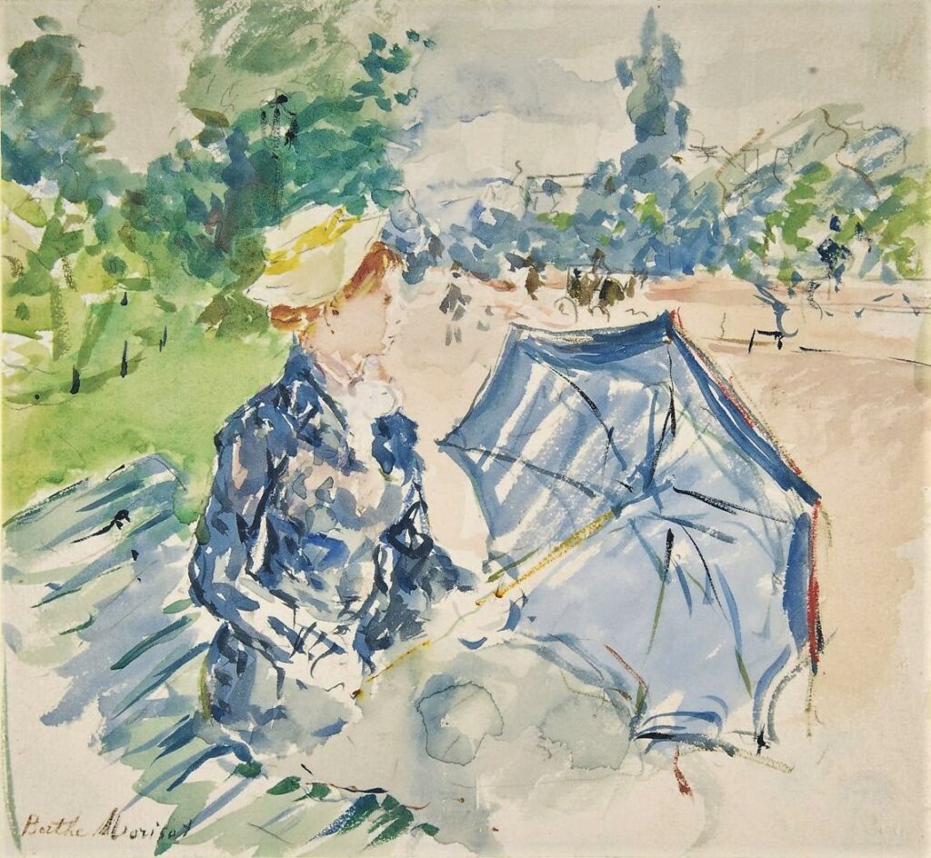 Berthe Morisot, 8IE-1886-93-6, Série d'aquarelles. Maybe?: 1885, CR711, A woman seated at a bench on the avenue du Bois, wc, 20x28, Metropolitan (M23;iR2;iR8;R42,p68)