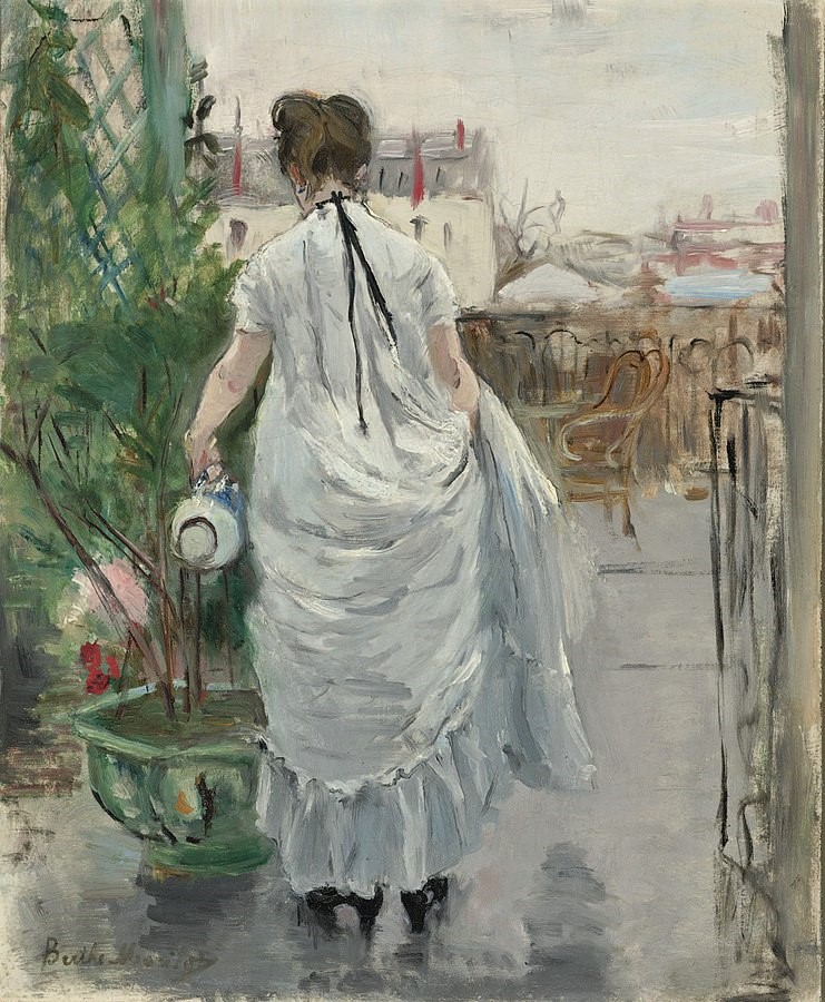 Berthe Morisot, 3IE-1877-122, La Terrasse. Maybe: 1876, CR62, Young Woman Watering a Shrub, 40x32, VMFA Richmond