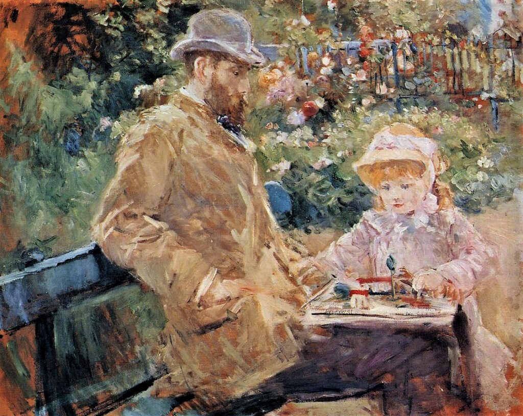 Berthe Morisot, 7IE-1882-100+hc1, Eugène et Bibi (Eugène Manet et sa fille dans le jardin de Bougival) =1881, CR103, Eugène and Julie Manet at Bougival, 73x92, private