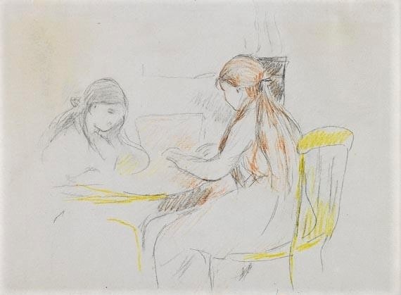 Berthe Morisot, 8IE-1886-92-5, Série de dessins. Maybe(??): 1880-85, deux filles assises près d'une table, dr, 20x27, A2012/05/24