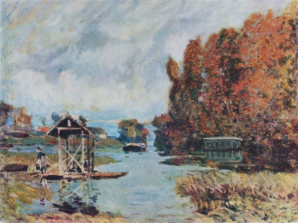 Alfred Sisley: 1875, CR159, Laundry Houses at Bougival, 46or56x61, Kh Zurich (iR2;R38;M86) Compare: Berthe Morisot, 8IE-1886-93-1, Le Lavoir sous bois, aquarelle.