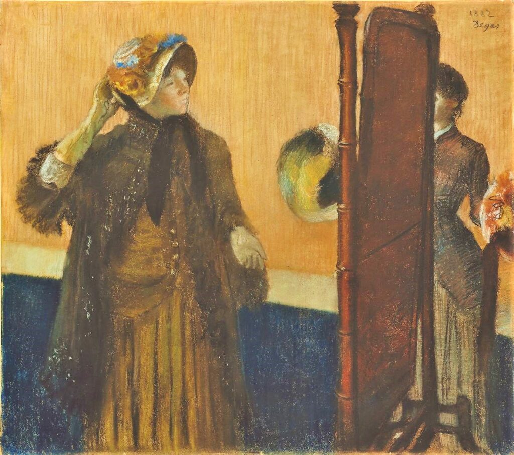 Edgar Degas, 8IE-1886-14, Femme essayant un chapeau chez sa modiste =1882, CR682, SDtr, At the Milliner's, pastel, 76x86, Metropolitan (iR10;M23;iR59;iR2;R2,p435+443;R90II,p240+258;R26,no586)