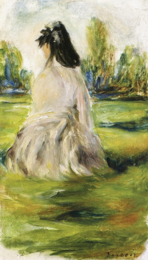 Auguste Renoir: 1866 (or 1870), Young Woman Seated in the Countryside (Lise Tréhot), 25x14, private (iRx;R31,p295;R88II,p391)