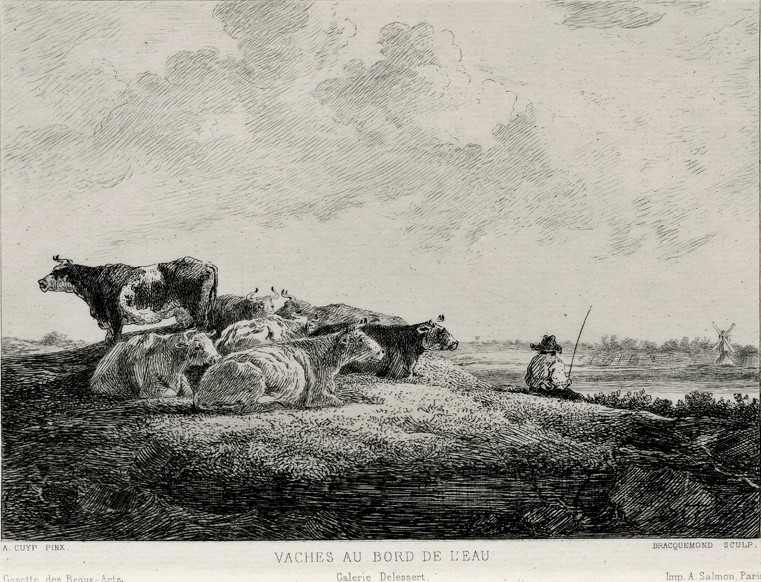 Félix Bracquemond, S1869-3909-2, Vaches au repos. Probably: 1869, Vaches au bord de l'eau (after Aelbert Cuyp), etch, xx, NYPL (iR10;iR6;iR61;iR1)