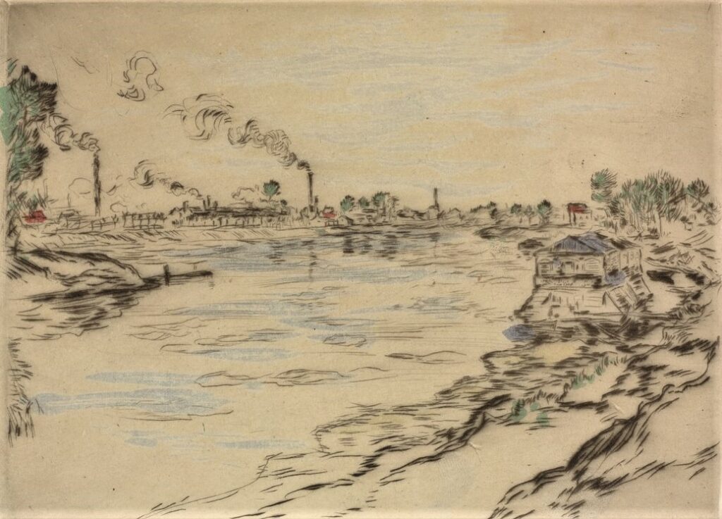 Jean-François Raffaëlli, SNBA1894-231, Bords de la Seine. Maybe: 1894, D9, La Seine, à Asnières, colour etch, 12x16, Cleveland MA (iR6;aR7;R138XVI,no9;iR1;aR7)