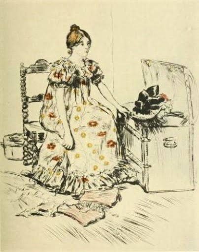 Jean-François Raffaëlli, SNBA1899-2244, L'actrice en voyage. Probably: 1898, D50-2, L'actrice en voyage (The actress on tour), colour etch, 43x31, xx (iR10;iR1;R138XVI,no50;aR7)