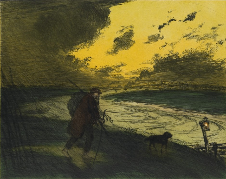 Jean-François Raffaëlli, SNBA1907-1754, L'orage. Probably: 1906, D73-2, L'orage (the storm), colour etch ps, 44x56, A2017/09/19 (iR11;iR40;R138XVI,no.73;iR1)