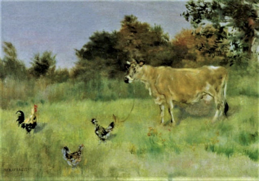 Jean-François Raffaëlli, 6IE-1881-104, Deux vaches et trois poules. Compare: 18xx, A cow and chickens in a meadow, 20x27, A2001/05/03 (iR13;R2,p355;R90II,p185)