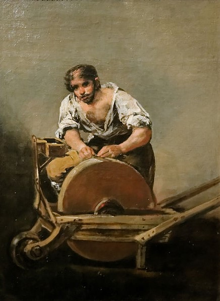 Jean-François Raffaëlli, 6IE-1881-110, Affûteur de scies, travaillant. Compare: Goya, 1790ca (or:1808-12), Knife Grinder, 68x51, SM Budapest (iR6;iR104;R2,p355R90II,p185) Compare no.109.
