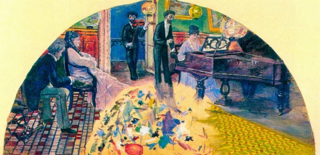 Franc Lamy, 1875-77ca, Nina de Callias's salon (concert familial), design for a fan, gouache, 30x60, Orsay (iR2;iR256;iR23) frtl Nina de Callias, Cabaner, Cros.