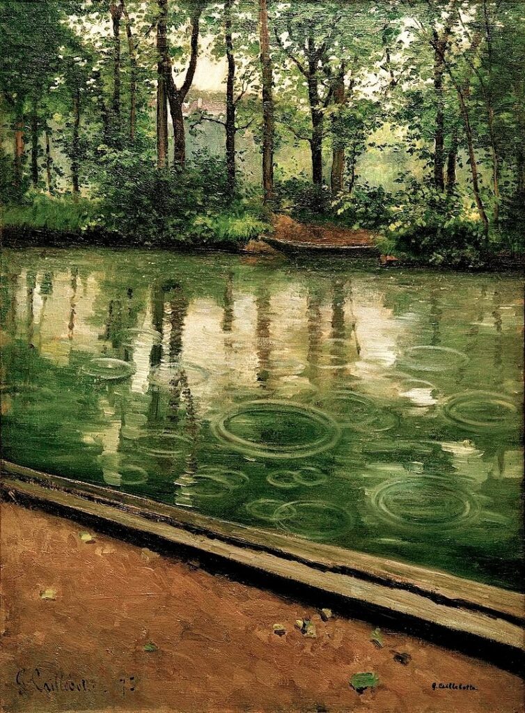 Gustave Caillebotte, 4IE-1879-30, Rivière d'Yerres (Pastel). Compare: 1875, CR21, L'Yerres, pluie (riverbank in the rain), 81x59, Bloomington IUAM (iR3;iR2;R41,p114;R102,no21;R101,no21)