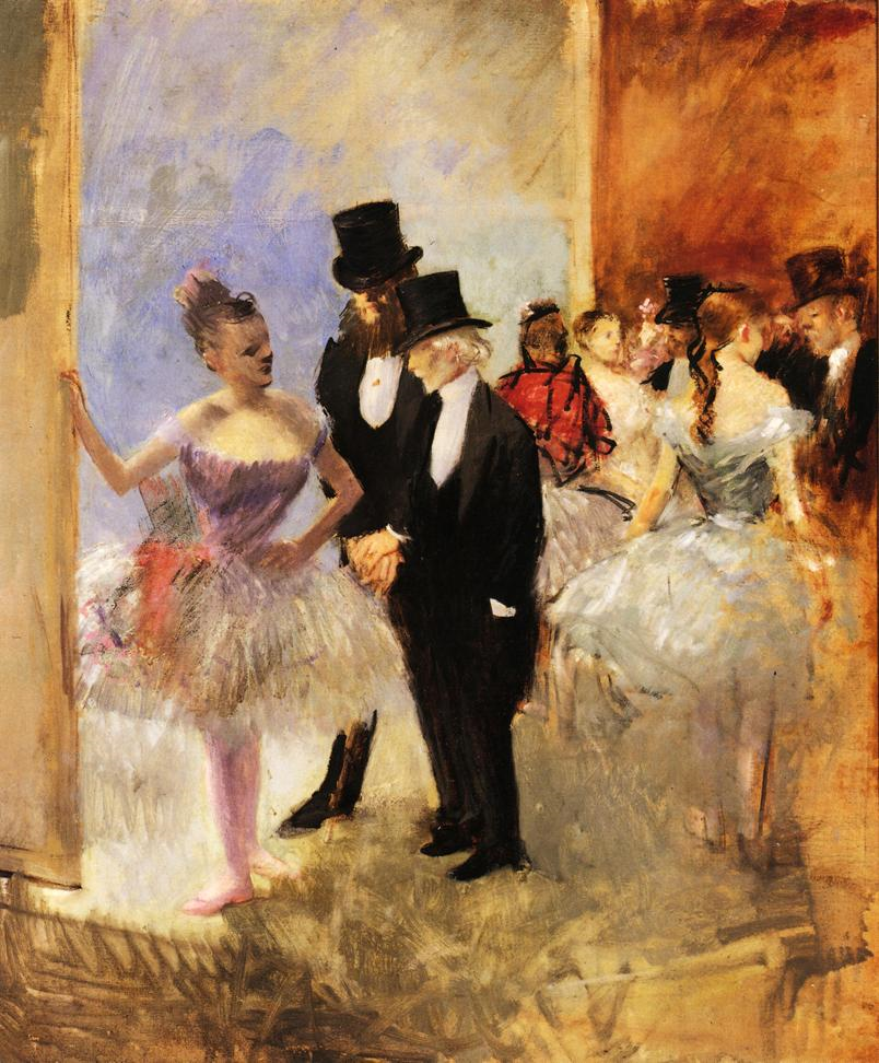Jean-Louis Forain, 4IE-1879-90, Pourtour des Folies-Bergère. Compare: 1887-90ca, Gentlemen of the Opera (The Dance Studio), 61x51, private (iR2;R2,p268)