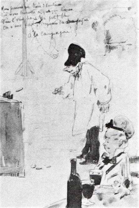 Jean-Louis Forain: 5IE-1880-52b, dessin =18xx, At the parc café (Verlaine), wc+dr, 28x19, A1981/12/01 (R90II,p149+164;R2,p311;iR15)