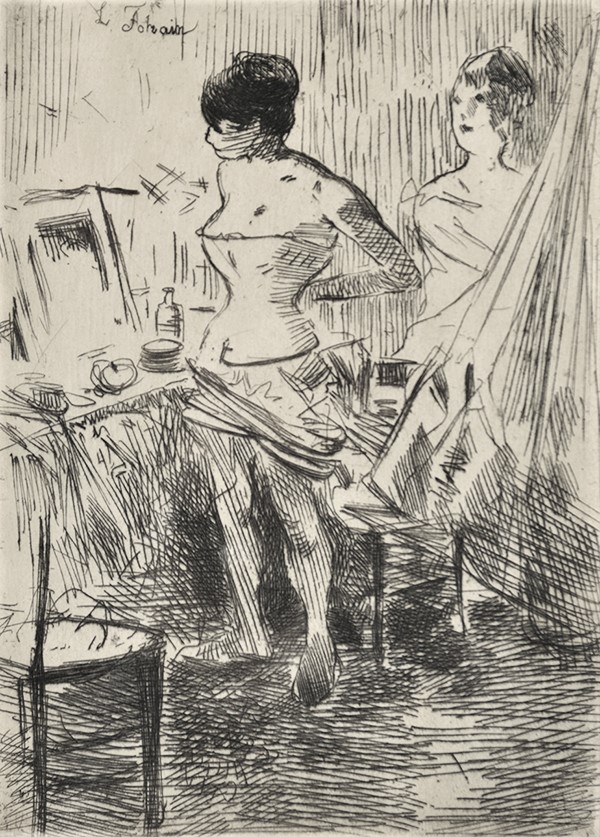 Jean-Louis Forain, 5IE-1880-53, eau-forte. Maybe?: 1876ca, CR7, Dancers in a dressing room (Getting dressed), drypoint, 16x12, NGA Washington (iR1;iR8;aR9,no7;R2,p311)