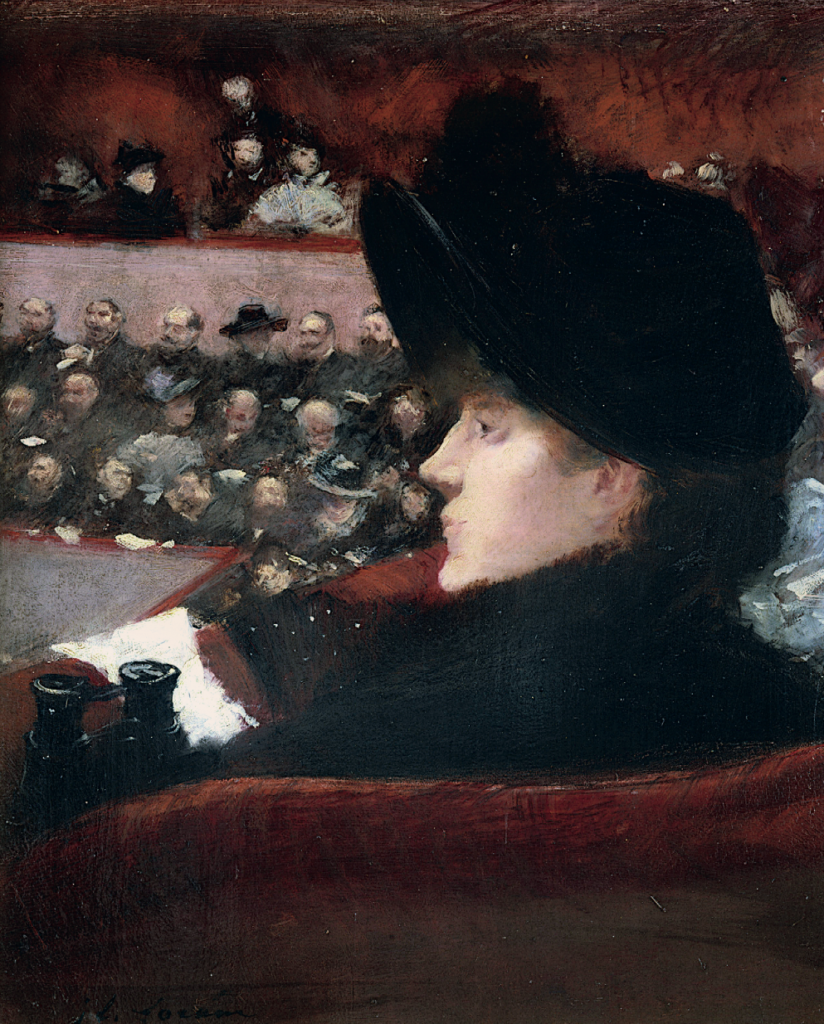Jean-Louis Forain, 6IE-1881-20, Au théâtre (peinture). Option 2: 1880ca, La loge, 56x50, Carnavalet Paris (iR2;aR5=iR302;R2,p354;R90II,p190;M8)