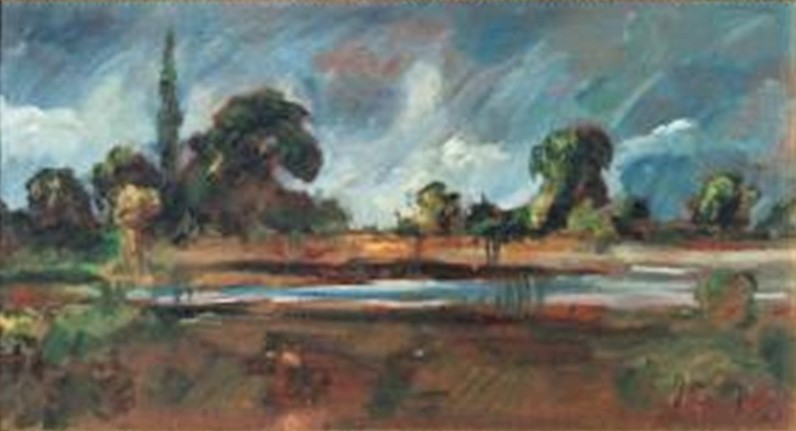 Gustave Colin, 18xx, Paysage à la mare sous un ciel orageux (Landscape at the pond under a stormy sky), 23x42, A2016/04/24 (iR10;iR12;iR46;R2,p120). Compare: 1IE-1874-47, L’étang aux poules d’eau.