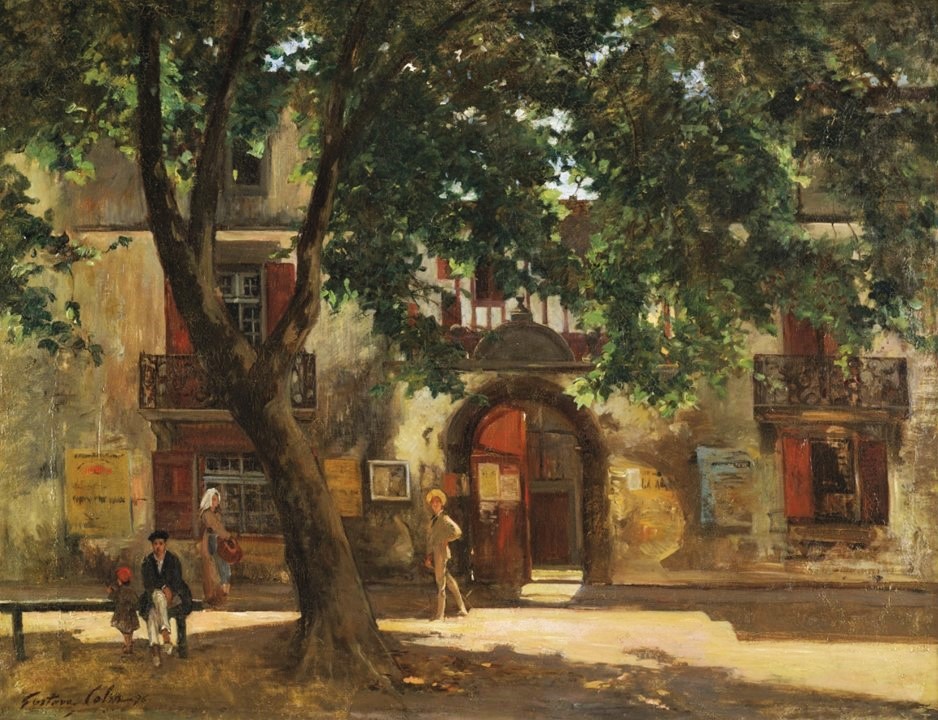 Gustave Colin: 1876, SDbl, Summer afternoon in a French village (French street scene with figures sitting in the shade), 74x96, A2011/06/10 (iR14;iR11;iR13;iR41;iR1) =? S1876-461, Matin d’un jour d’été.