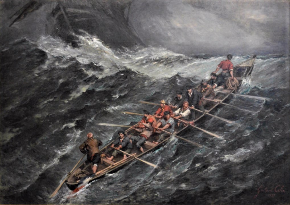 Gustave Colin, 1881, Basque skiffs in the bay; Saint Jean de Luz; heavy weather from NW, 270x382, MC Le Puy-en-Velay (iR23;M178) = SdAF-1881-502, Lamaneurs basques en rade ; Saint-Jean de Luz; gros temps de N.-O.