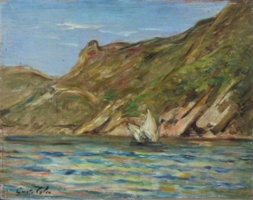 Gustave Colin: 1894, Vessel in front of the cliffs (in Pasajes?), 27x34, A2019/04/28 (iR13;iR1) =?? SNBA-1895-298, Pêcheur en rade.