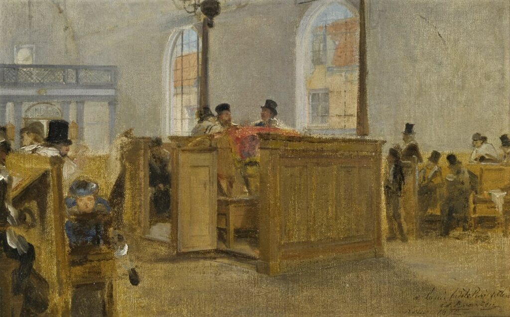 Edouard Brandon, SNBA-1890-120, Prière du matin (Synagogue d'Anvers). Compare: 1892, Morning prayer in the 'Paardenmarkt' synagogue, Antwerp, 19x31, A2017/12/20 (iR14;iR11;iR1)