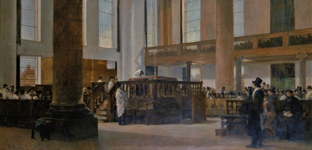 Edouard Brandon, SNBA-1897-171, La Gnamid’â ou "Prière muette". Synagogue portugaise d’Amsterdam. Sabbat, matin 1892. Probably: 18?? (1892HW), Silent prayer, Synagogue of Amsterdam, the Amidah, 90x174, JM New York (aR12;iR1;aR4). Proberbly: HD1897/12/13-4, La Gnamida « Prière muette ».