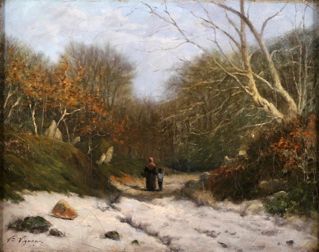 Victor Vignon, 1869-70ca, Sbl, Mother and child on a wintry forestpath (Fontainebleau), 34x41, A2021/09/04 (iR317;iR17) =? H&S1938-18, La Neige, 41x33 (R273) =?? BJ1894-51, La Neige, appartient à M. Raymond Levy (aR9=iR19)