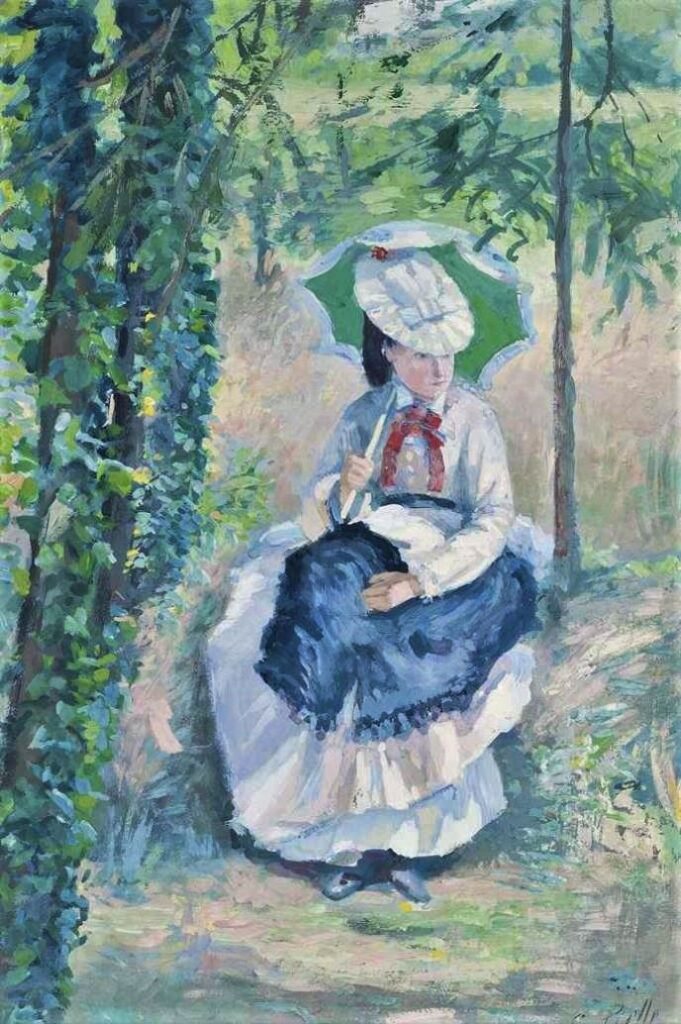Ludovic Piette, 1876, Madame Piette à l'ombrelle, gouache, 41x30, A2014/03/28 (iR11;iR13;iR6;iR17) =?? HD1879/02/20-88, Dame dans le jardin (aR13=iR40).