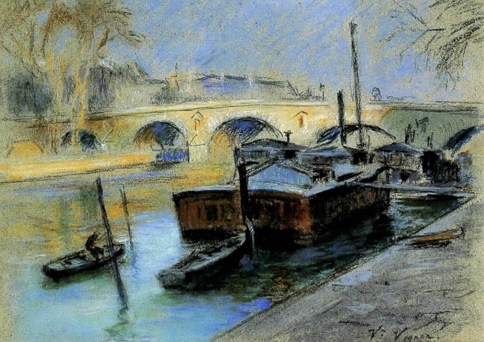 Victor Vignon, 1880-90, Laundry boat, Pont Marie Paris, pastel, 24x33, private (R272,no21). Compare: BJ1894-82, En bateau; femme de marinier (étude), pastel (aR9=iR19)