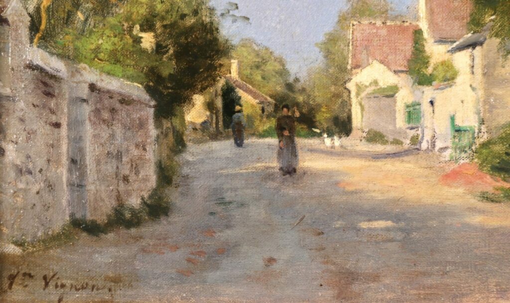 Victor Vignon, 7IE-1882-193, La Sente d’Auvers. Maybe?: 1880ca, Sbl, Figures in a village street, Auvers-sur-Oise (detail), 36x46, xx (iR317;R2,p394;iR1;R90I,p377)