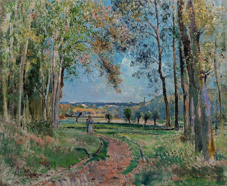 Victor Vignon, 1887, SDbr, Landscape with Figure, 55x65, private (aR1;iR2) =? BJ1894-50, 1887, Chemin de la plaine de Rochefort; printemps; appartiennent à M. Hazard (aR9=iR19). Compare: GP1919/12/01-246, 1887, SDbl, La Côte des Guichards, Jouy-le-Comte, 54x65, former Hazard collection (aR18=iR19;R232;R272,p30).