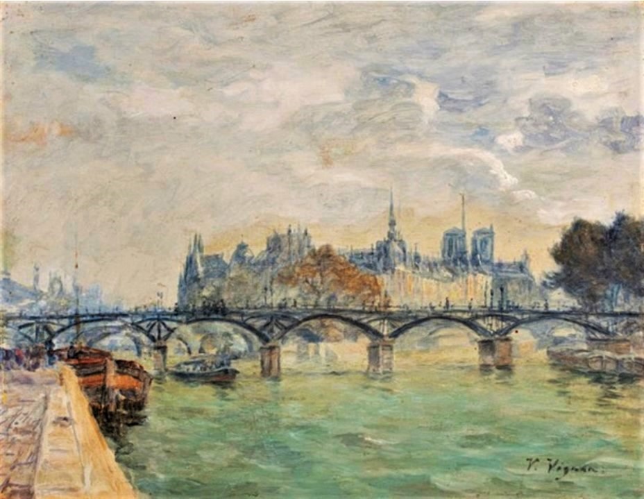 Victor Vignon, 18xx, La passerelle des Arts à Paris, on board, 32x41, A2019/11/20 (iR13;aR1) Compare: BJ1894-65, 1890, Notre-Dame vue du pont d'Austerlitz, (aR9=iR19)