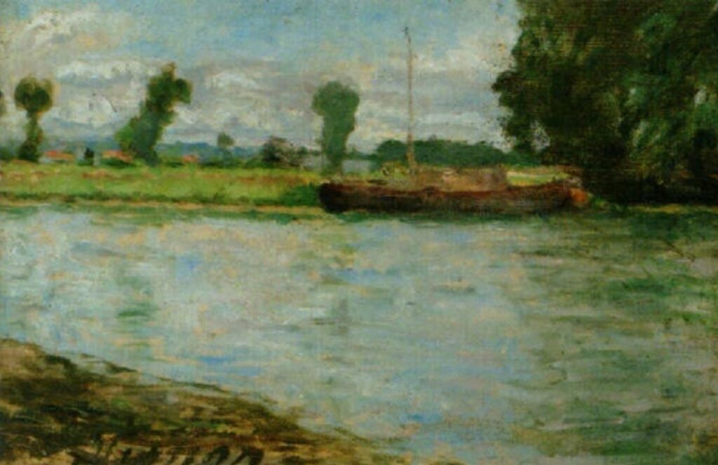 Victor Vignon, 18xx, Summer riverbank area (with boot), 27x41, A2003/05/09 (iR13) =? HD1905/04/10-47, Sl, Bords de la Seine, 27x40, former M. Louis Flornoy collection, bought by Stumpf for 550fr. (iR40;R240)