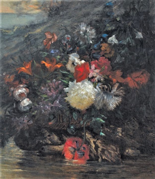 Ludovic Piette: 3IE-1877-144, Fleurs. Maybe?: 18xx, Flower basket at the riverbank, 83x72, A2010/11/12 (iR13;R2,p205) =? HD1882/04/14-14, Fleurs dans un pannier (aR15=iR40)