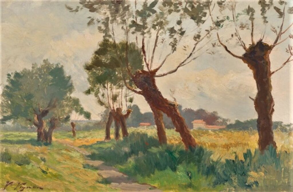 Victor Vignon, 6IE-1881-156, Saulaie à Bougival. Option: 18xx, Pollarded willows in a summer landscape, on panel, 27x40, A2016/06/24 (iR13;iR11;iR2;R2,p356;iR1;R90I,p328). Maybe: BJ1894-48, 1877, Saulaie à Bougival (aR9=iR19).
