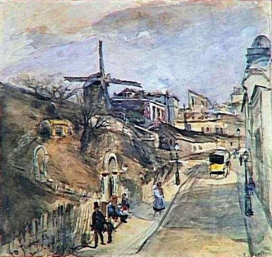Ludovic Piette-Montfoucault, S1868-3220-1, Vue de Montmartre, aquarelle. Maybe?: 1868/02/10, La Rue Lepic à Montmartre (Moulin de la Galette), wc, 24x25, Louvre (iR6;iR23;iR1)