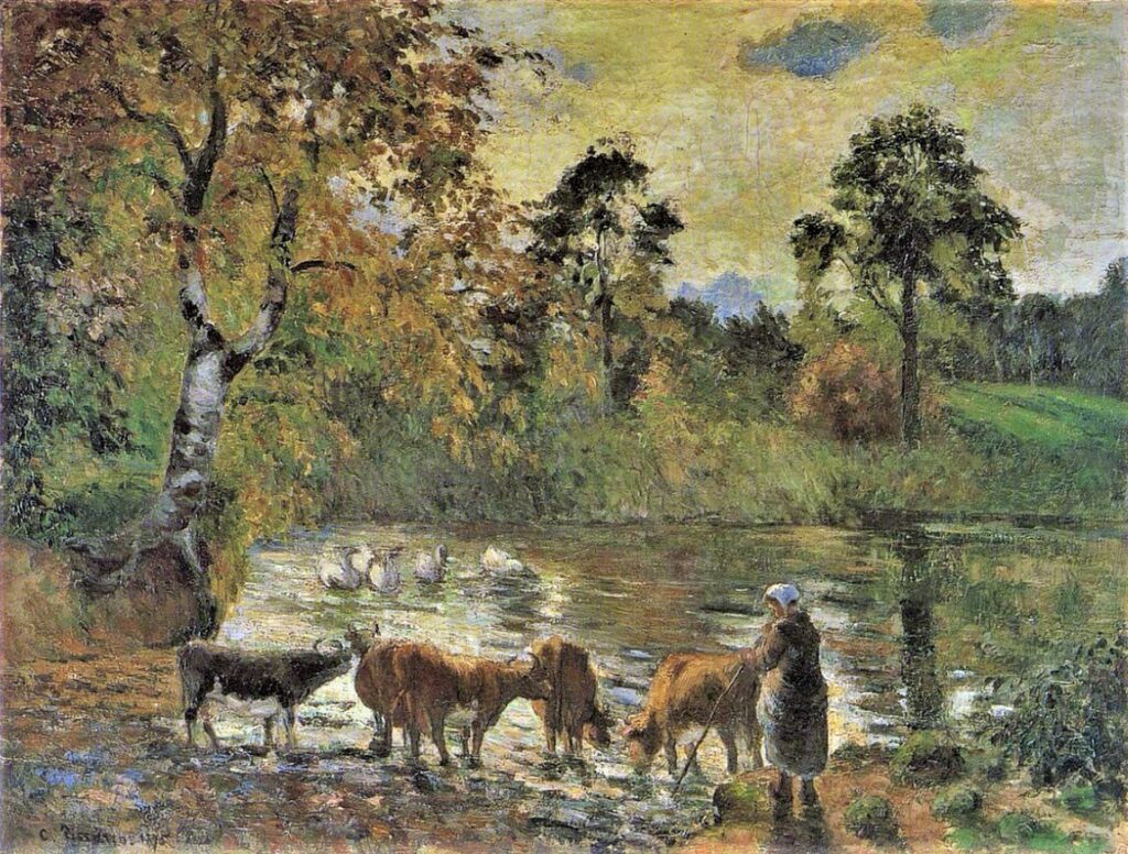 Camille Pissarro, 2IE-1876-198, Un étang à Montfoucault (Mayenne) =? CCP428, 1875, Cows watering in the pond at Montfoucault, 74x93, BIFA Birmingham (iR10;iR323;iR173;iR7;R116,CCP428)